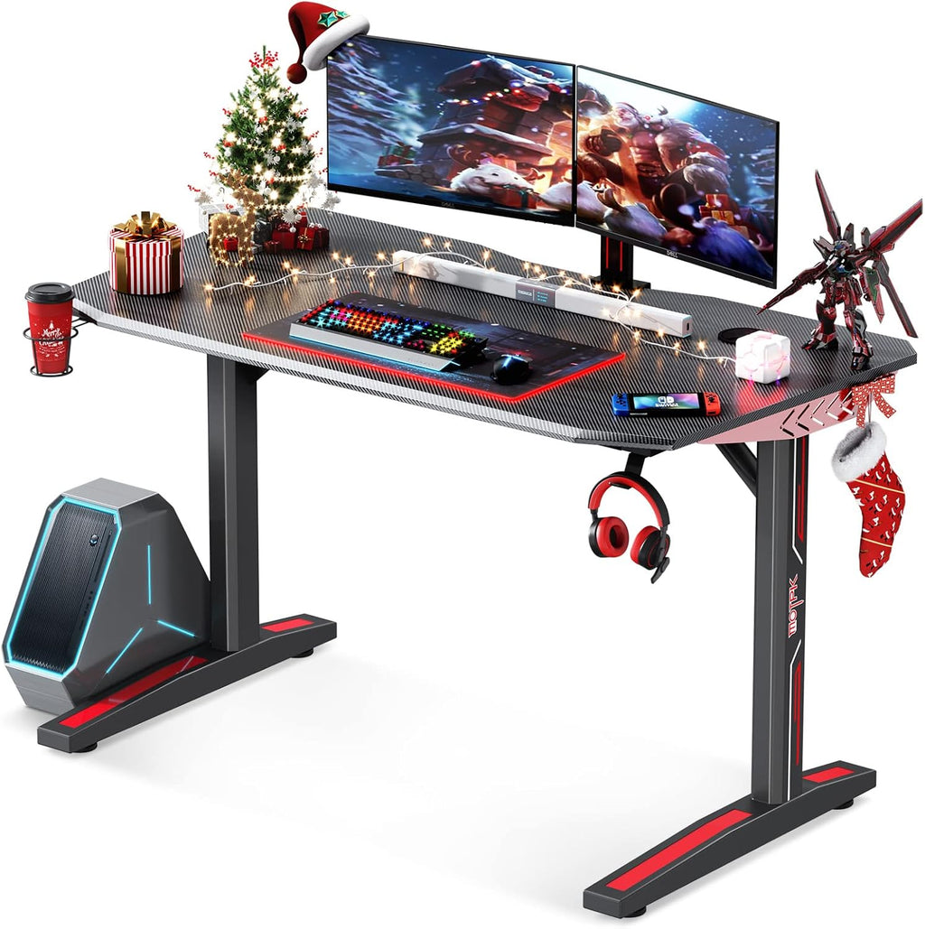 Black Carbon Fiber 47 Inch Gaming Desk with Cup Holder Rack and Headphone Hook V381