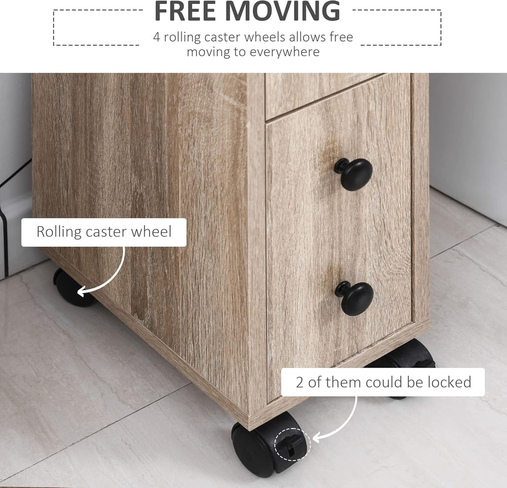 Oak Grain Freestanding Bathroom Cabinet with 2 Open Cabinets, 1 Door Cabinet, 1 Drawer and 4 Rolling Wheels W9087