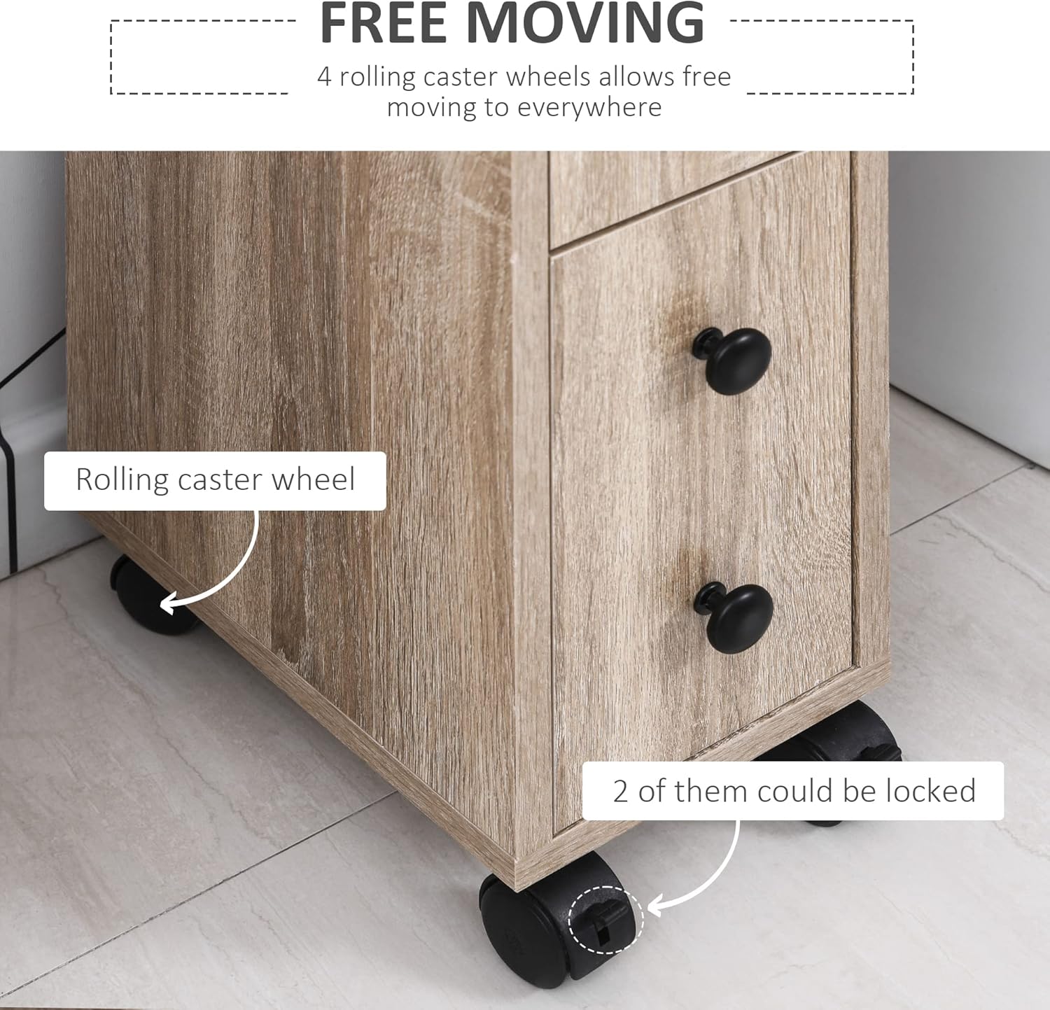 Oak Grain Freestanding Bathroom Cabinet with 2 Open Cabinets, 1 Door Cabinet, 1 Drawer and 4 Rolling Wheels W9087