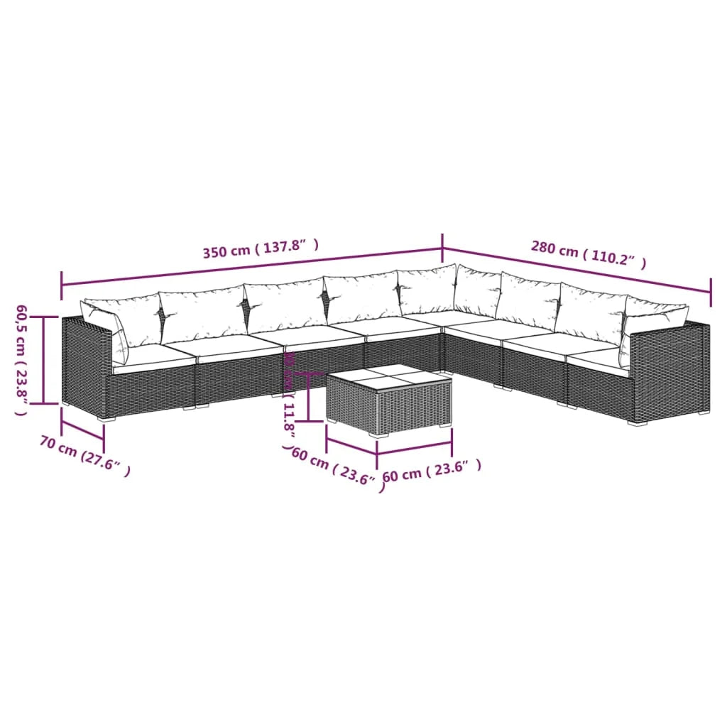 9 Piece Patio Set with Cushions Poly Rattan Brown M38352