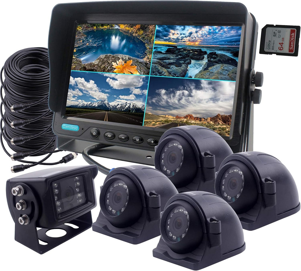 9 inch DVR Monitor with Quad Split Screen, 4 x Side Cameras + 1 x Backup Camera, HD Colour IP69K & 10G Vibration Camera System Q51511