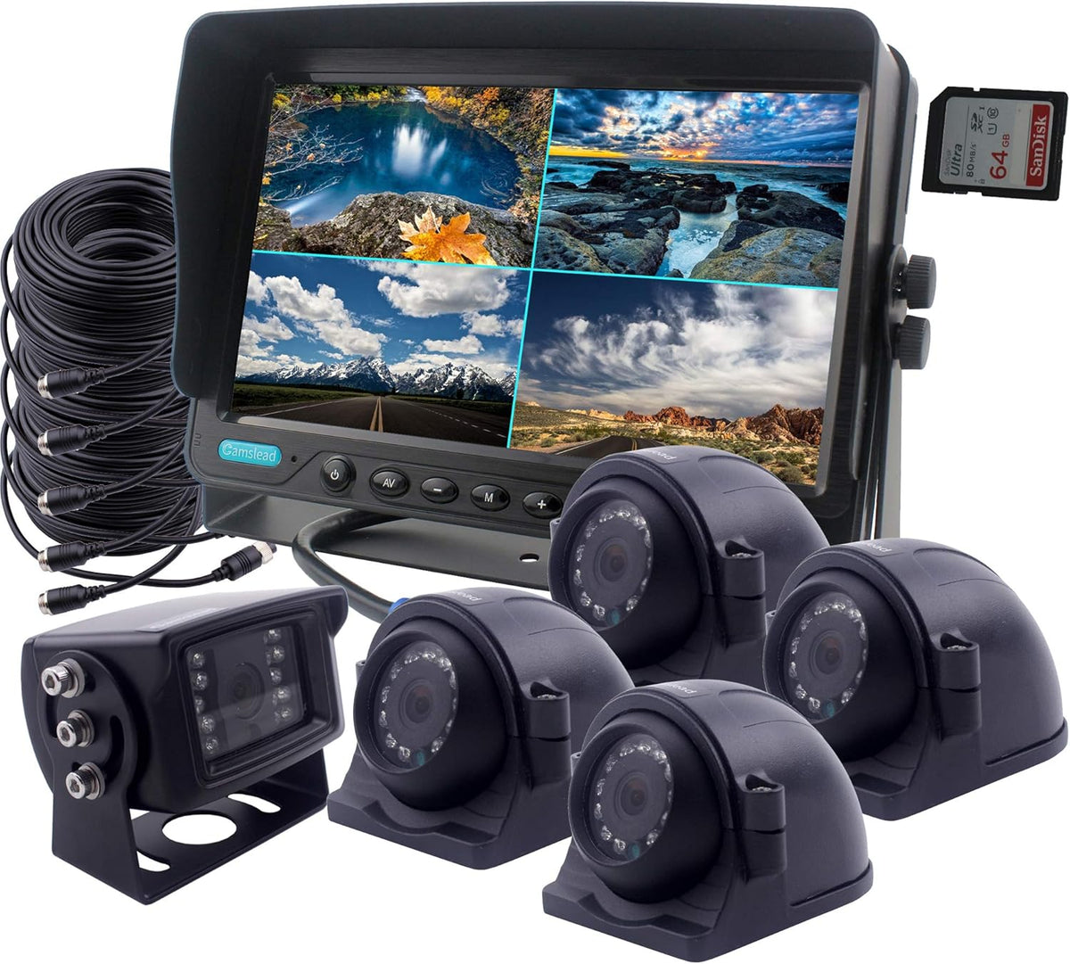 9 inch DVR Monitor with Quad Split Screen, 4 x Side Cameras + 1 x Backup Camera, HD Colour IP69K & 10G Vibration Camera System Q51511