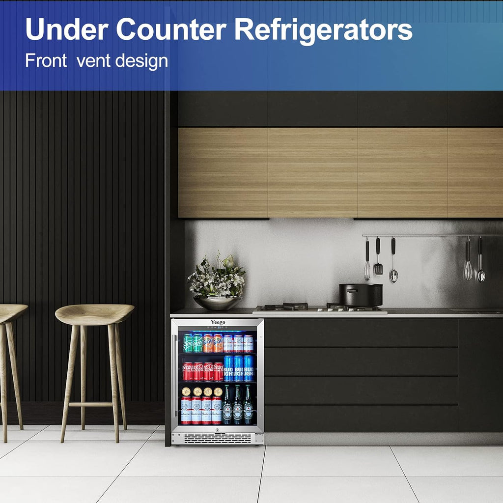 24'' 140 can Stainless Steel Beverage Refrigerator with Reversible Double-Layer Tempered Glass Door J436374