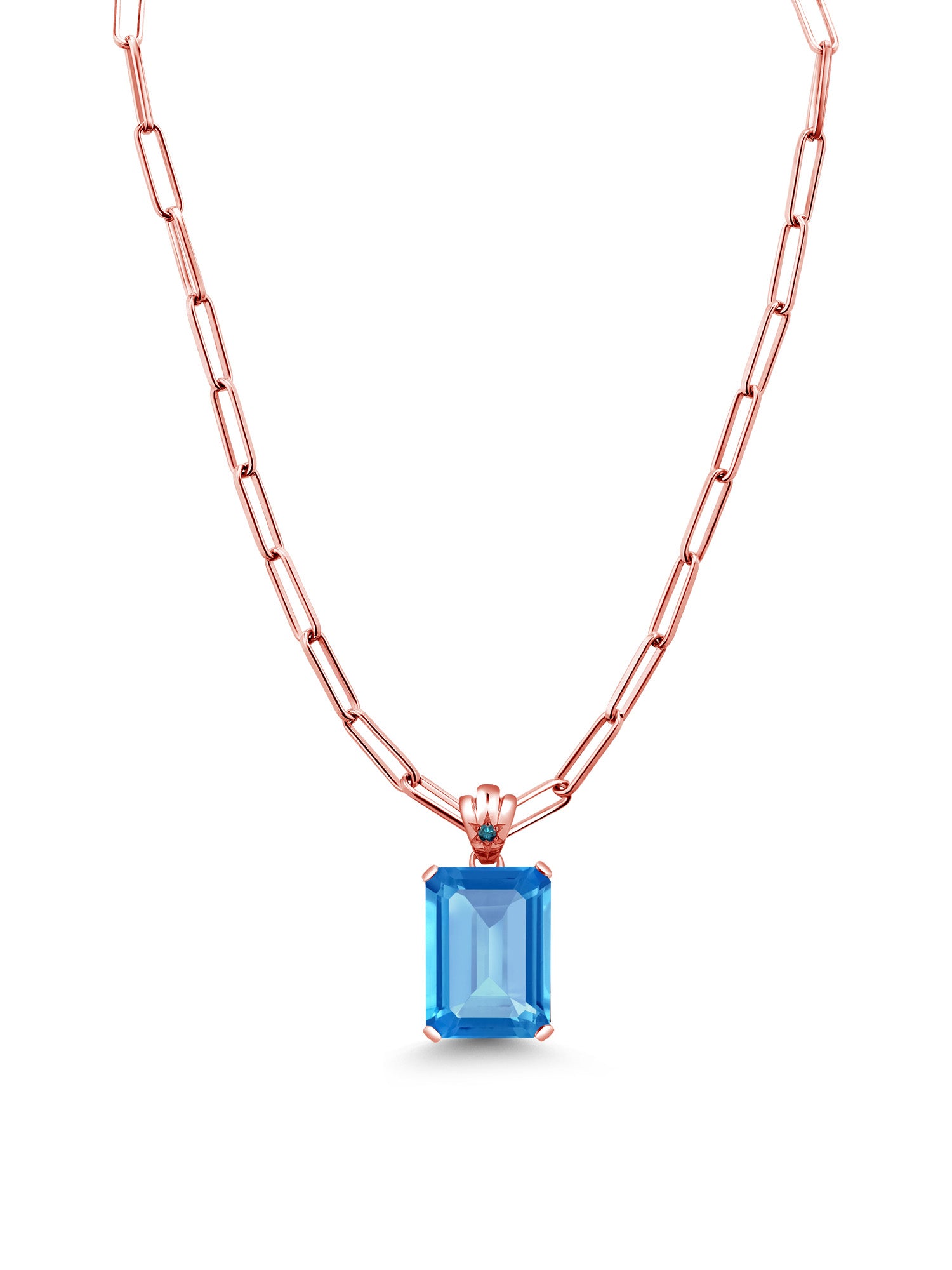 Swiss Blue Topaz Blue Diamond 18K Rose Gold Plated Silver Pendant with Paperclip Link Chain 18 inch with 2 inch Extender C8876