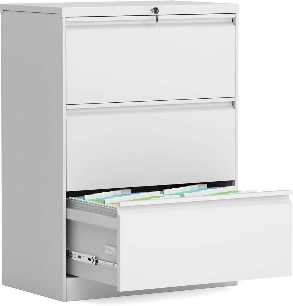 White Metal Steel 3 Drawer Lateral File Cabinet with Lock H13438
