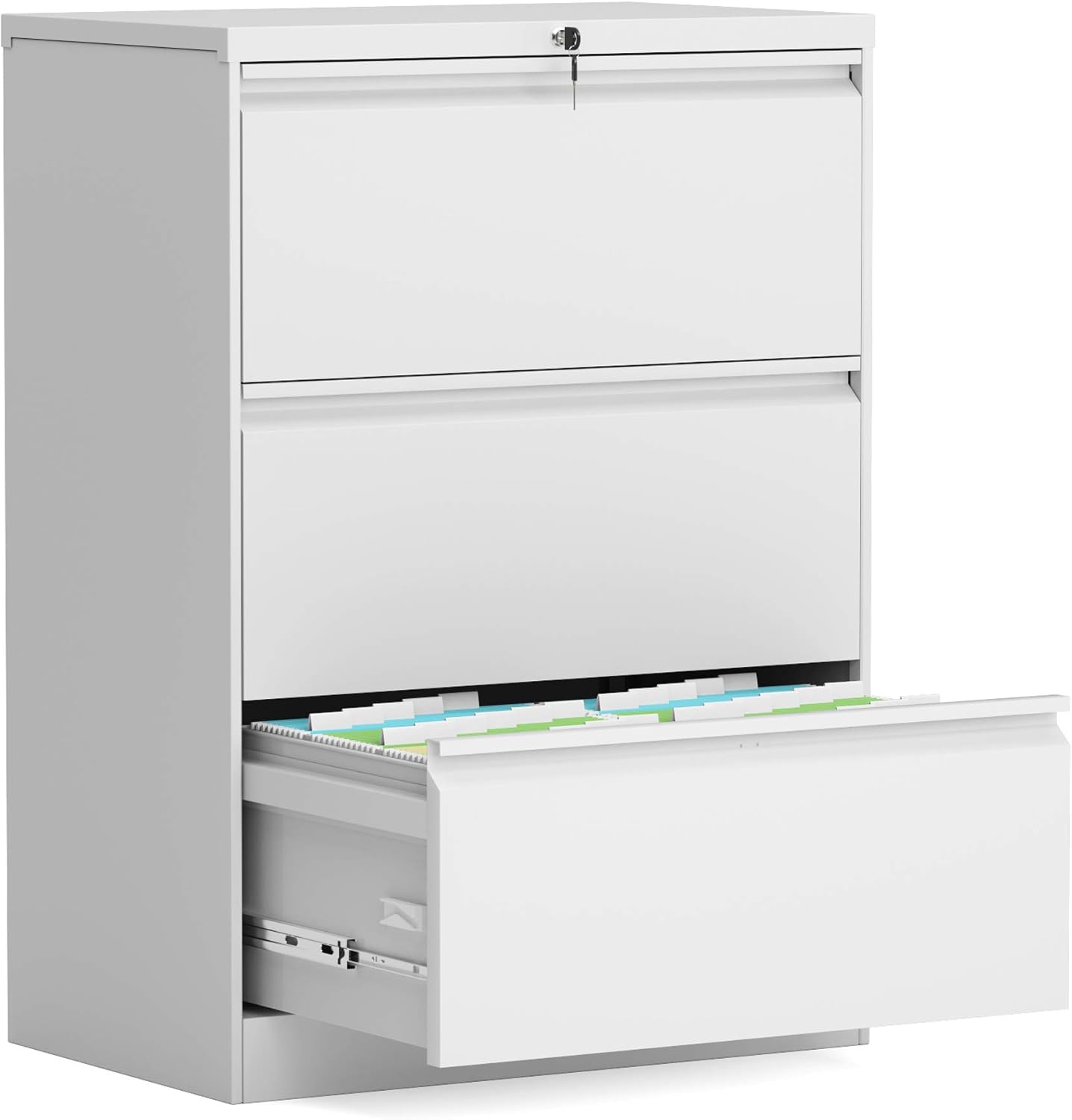 White Metal Steel 3 Drawer Lateral File Cabinet with Lock H13438