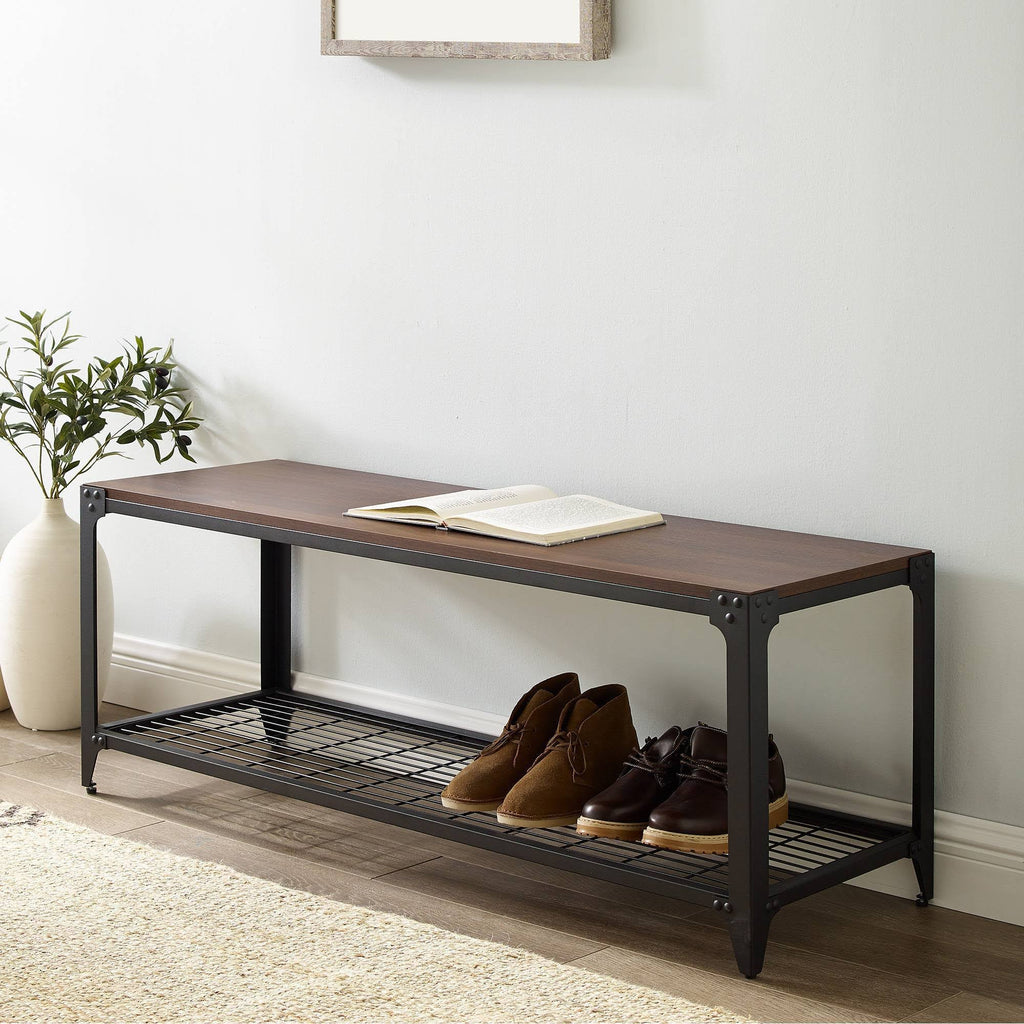 Urban Industrial Angle Iron Entry Bench Dark Walnut F122706