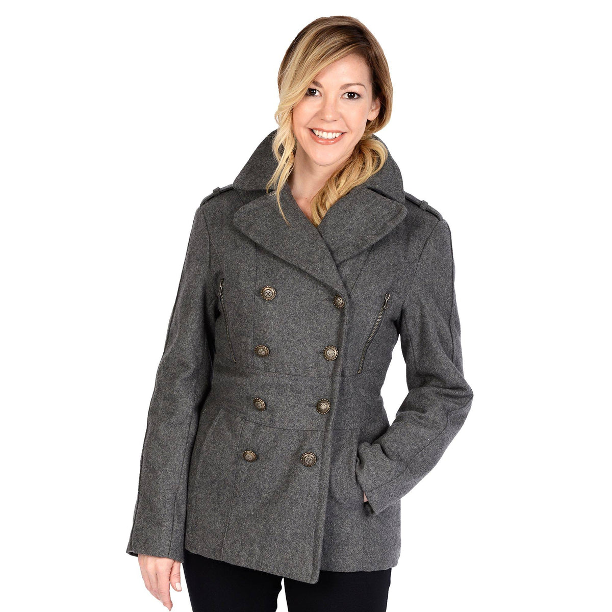 Charcoal Grey Wool Blend Double Breasted Peacoat K147857