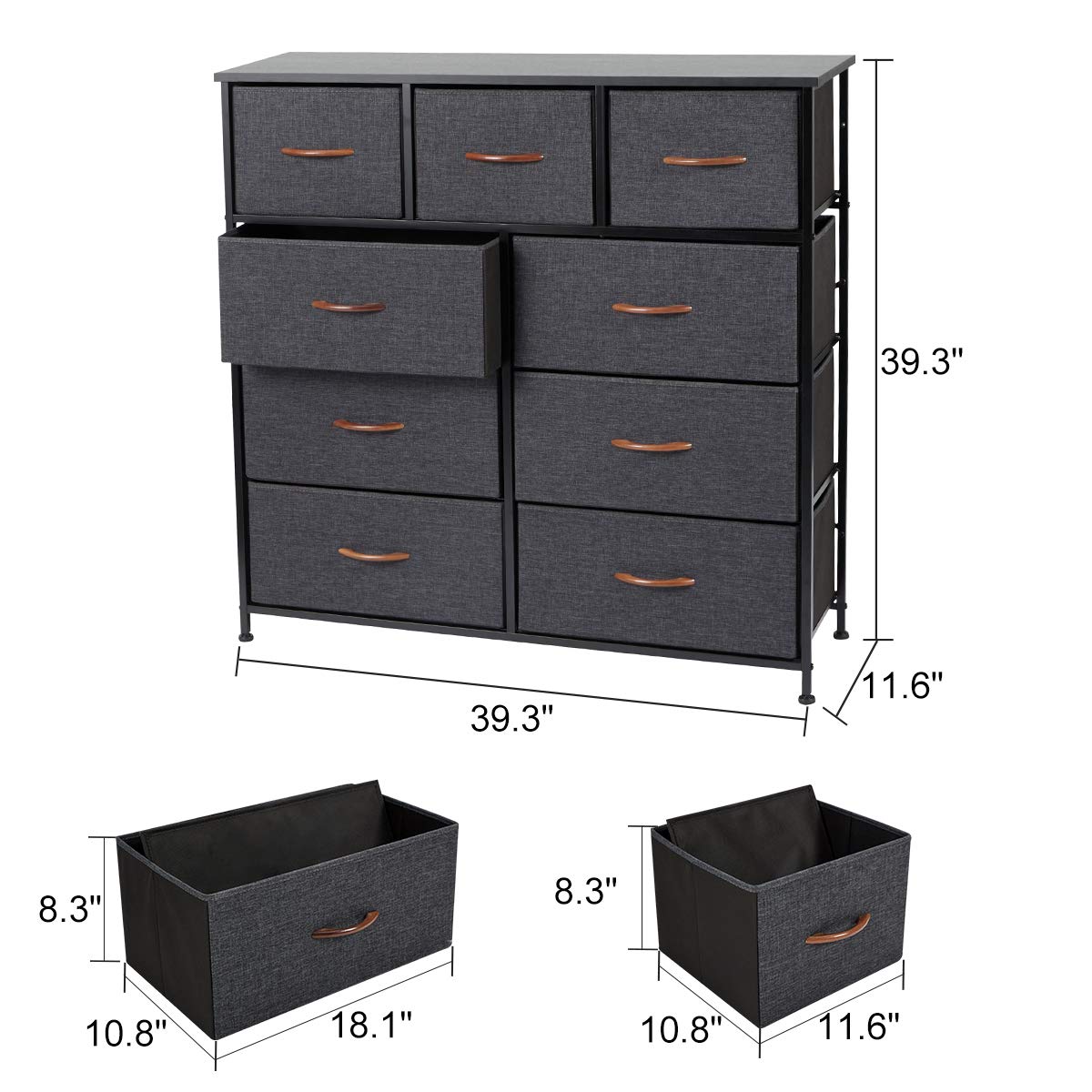 Grey 9 Drawer Fabric Dresser with Steel Frame and Wooden Top Y153