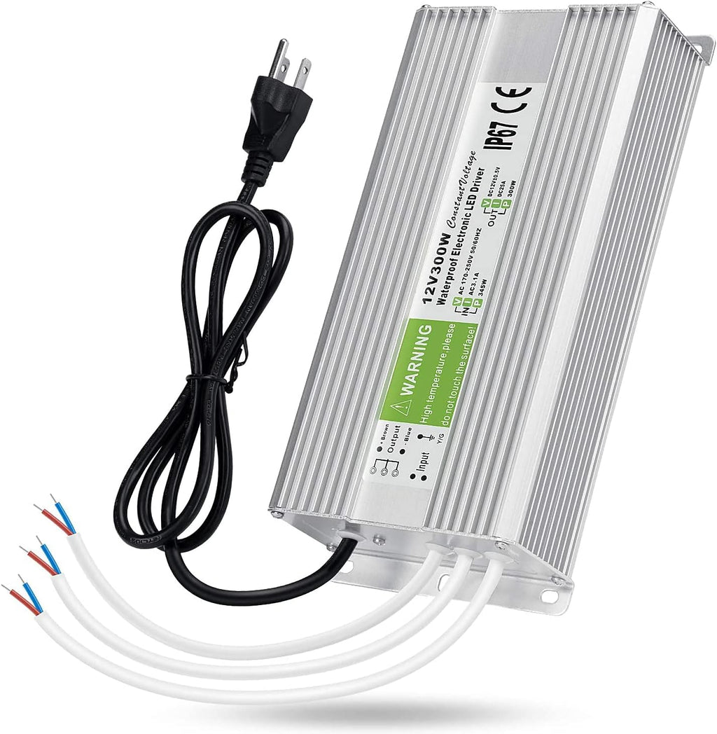 LEDMO IP67 Power Supply 300 Watts DC12V 25A AC/DC Driver Transformer Adapter Low Voltage Output with 3-Prong Plug 3.3 Feet Cable Pack of 2 R314253