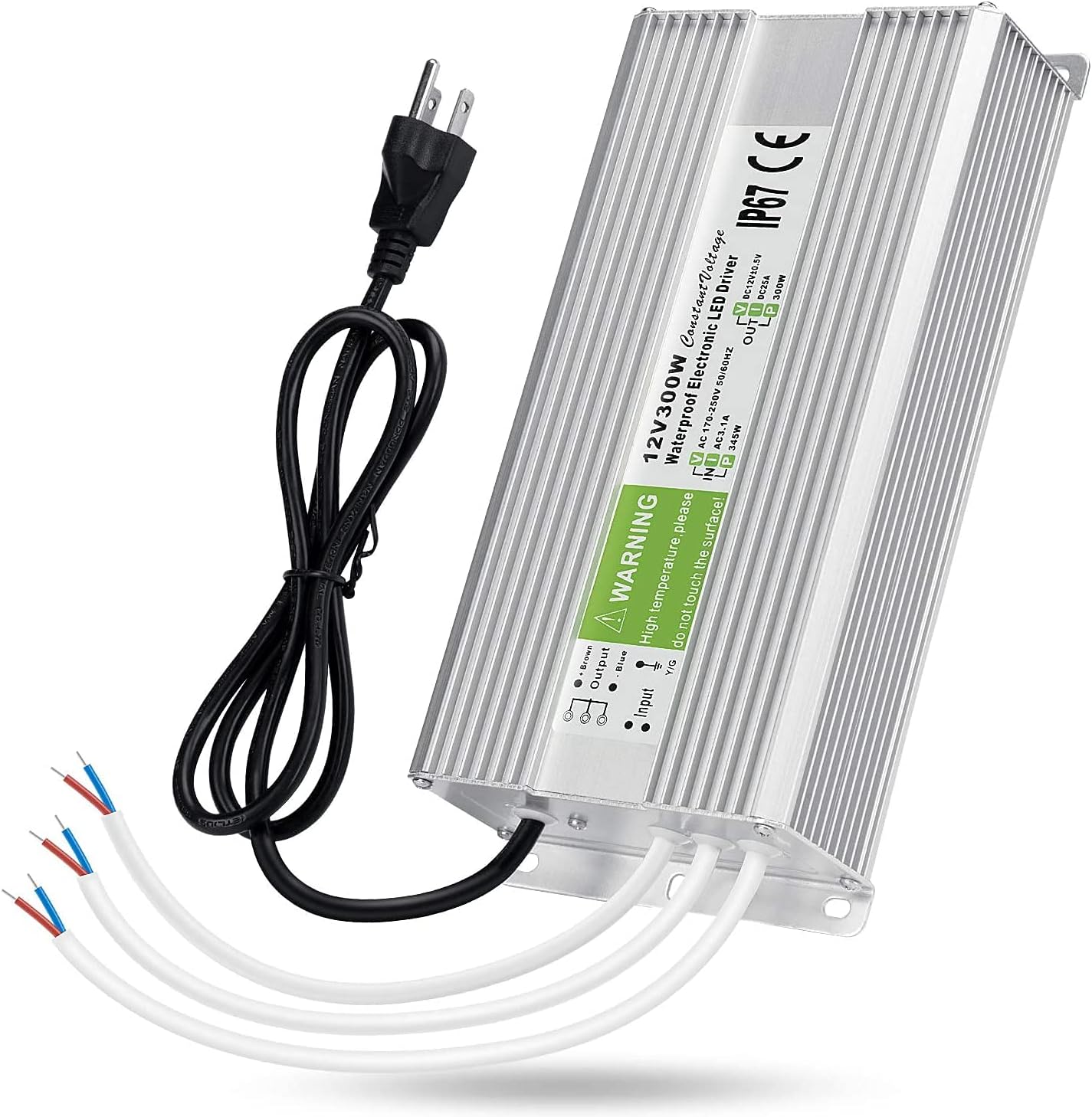 LEDMO IP67 Power Supply 300 Watts DC12V 25A AC/DC Driver Transformer Adapter Low Voltage Output with 3-Prong Plug 3.3 Feet Cable Pack of 2 R314253