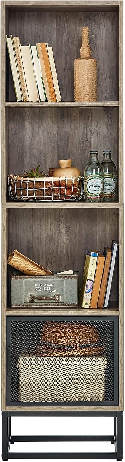 Grey 4-Tier Wood Bookcase with 4 Display Cases B626