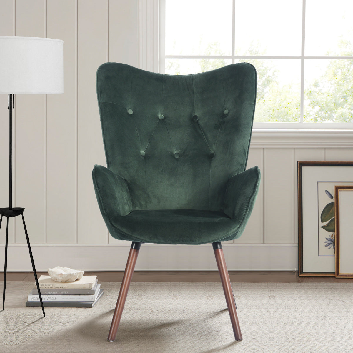 Green Velvet Wingback Accent Chair with Tufted Backrest X414