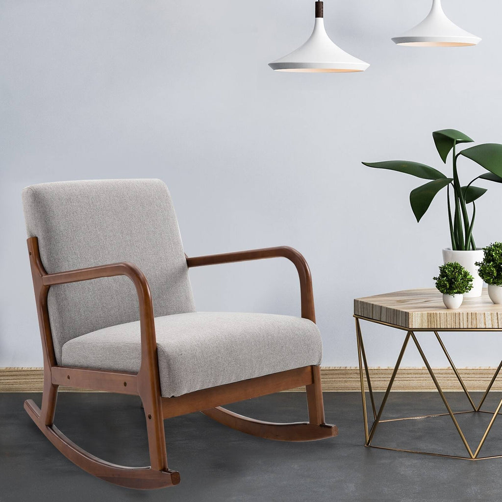 Grey Upholstered Rocking Armchair with Wood Base and Linen Fabric G7659