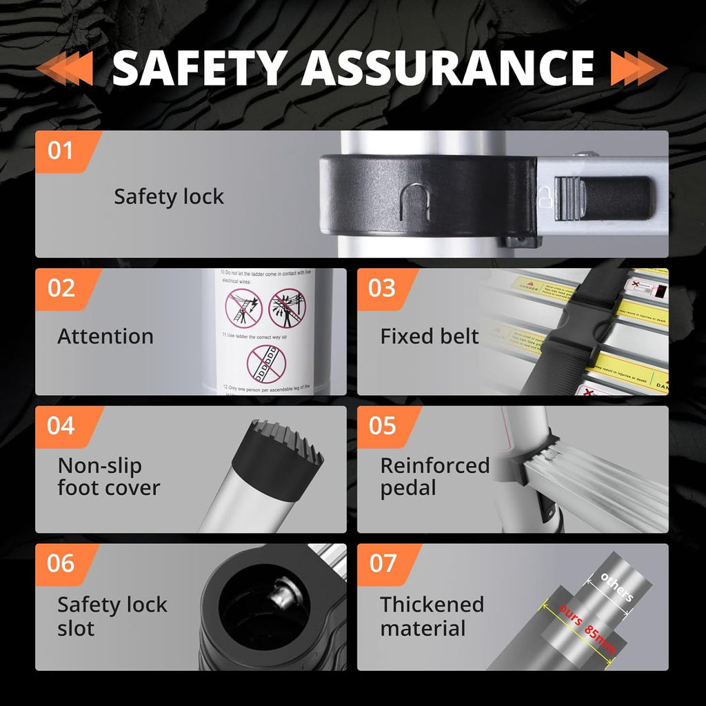12.5FT Aluminum Telescoping Extension Ladder with Hooks & Stabilizers H3566