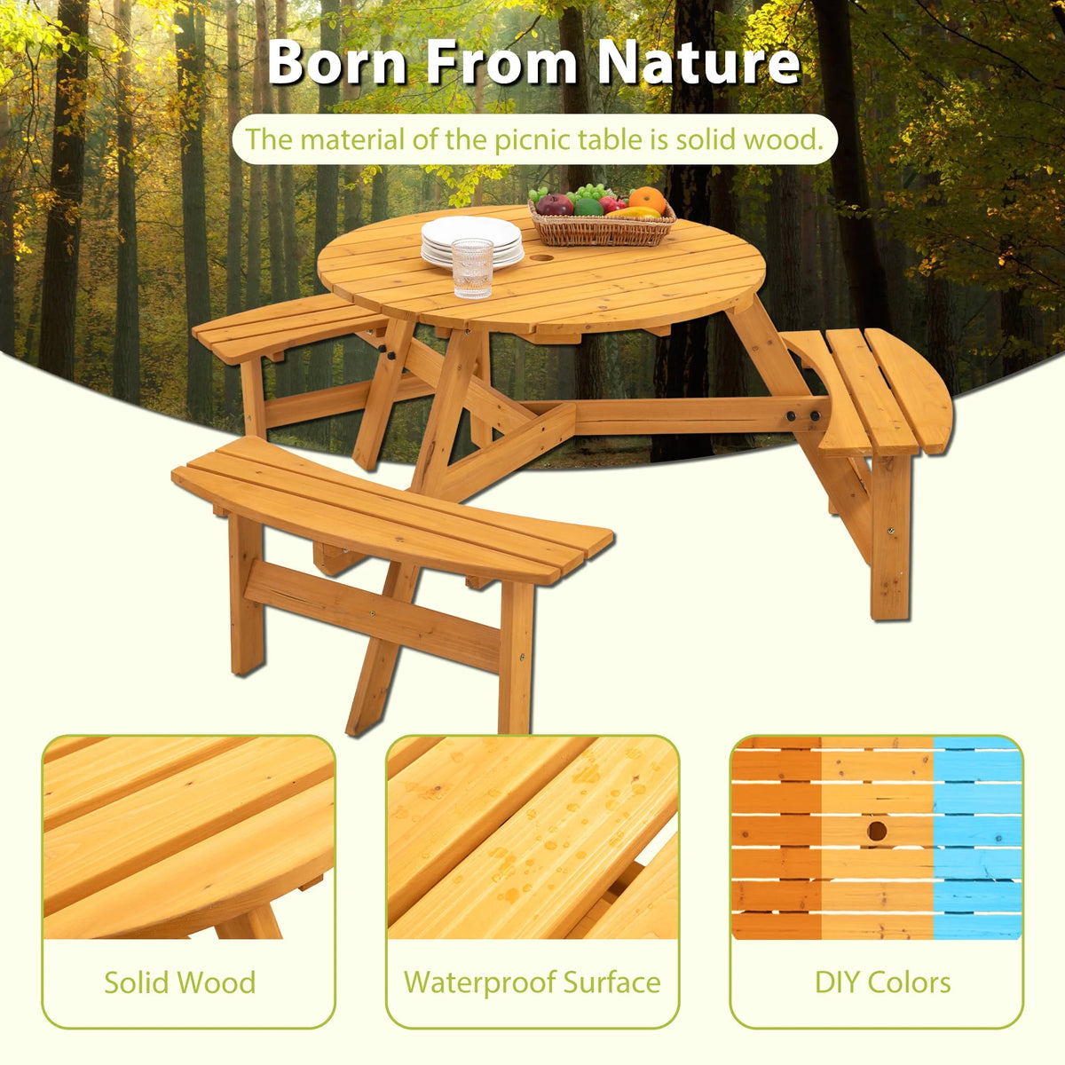 6-Person Outdoor Wooden Picnic Table with 3 Built-in Benches T4076