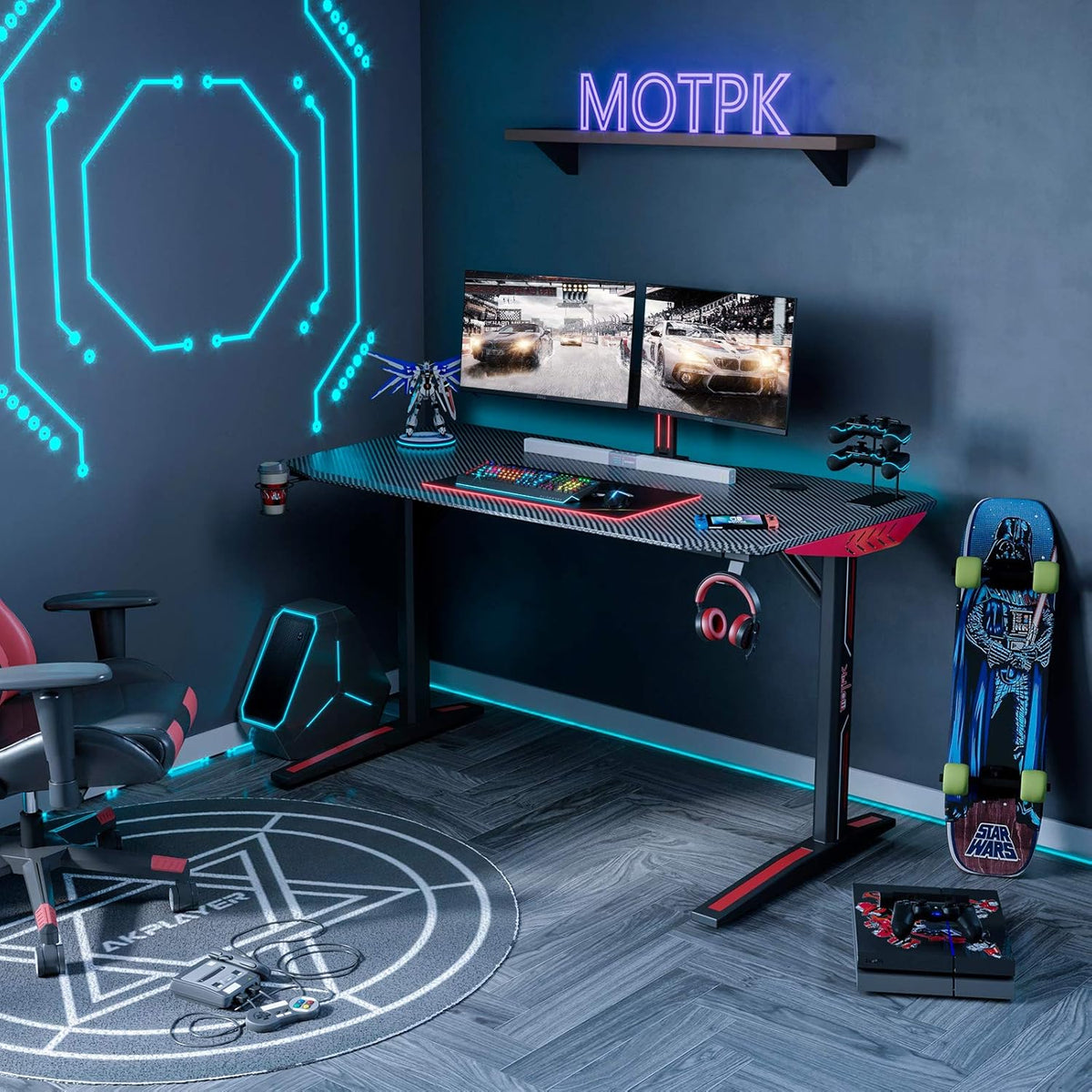 Black Carbon Fiber 47 Inch Gaming Desk with Cup Holder Rack and Headphone Hook V381