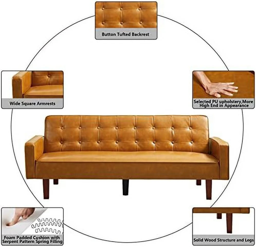 Tufted Linen Futon Sofa Couch Bed Twin Size with Solid Wood Legs J317