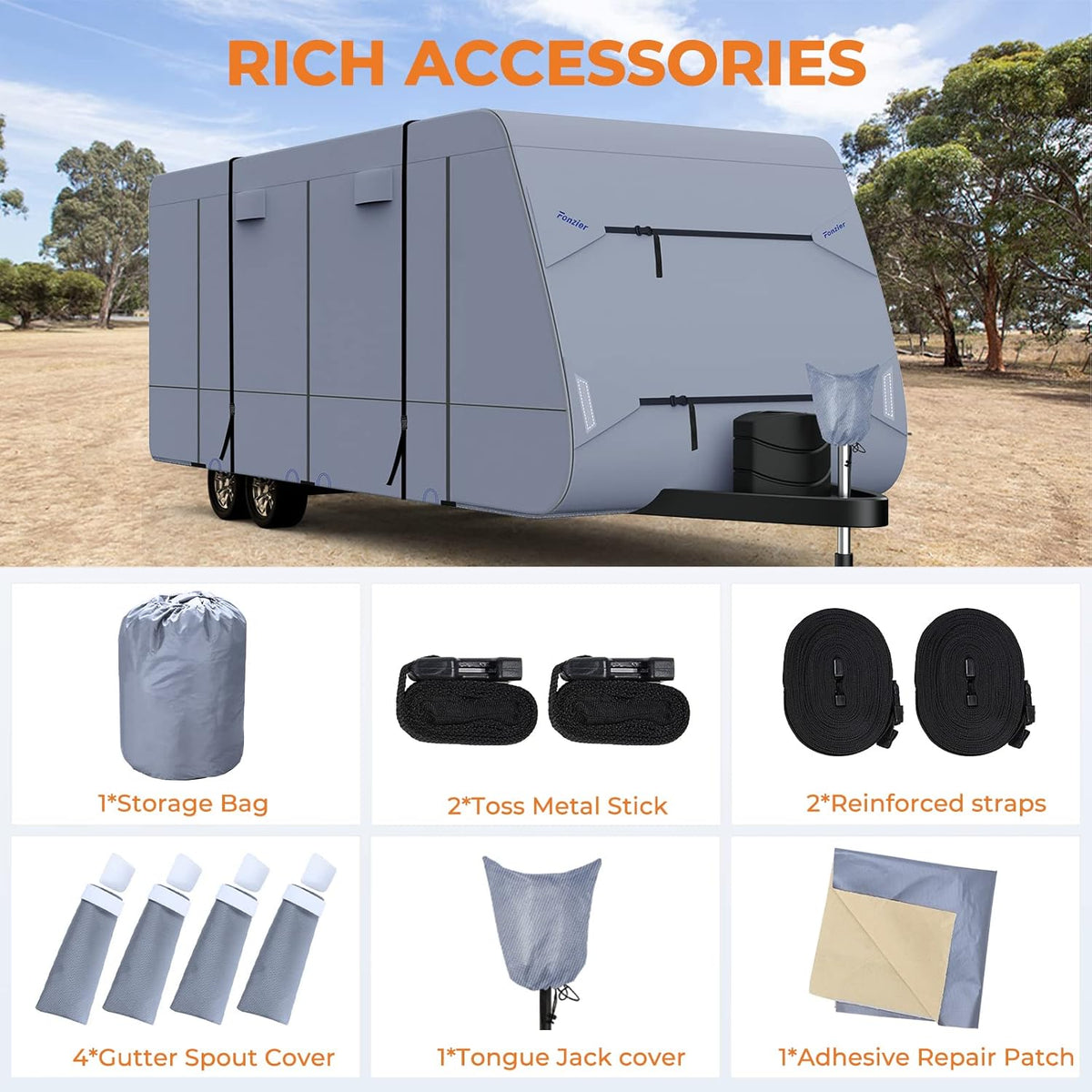 RV Cover for 28'7"-31'6" with 4 Gutter Spout Covers Tongue Jack Cover W764