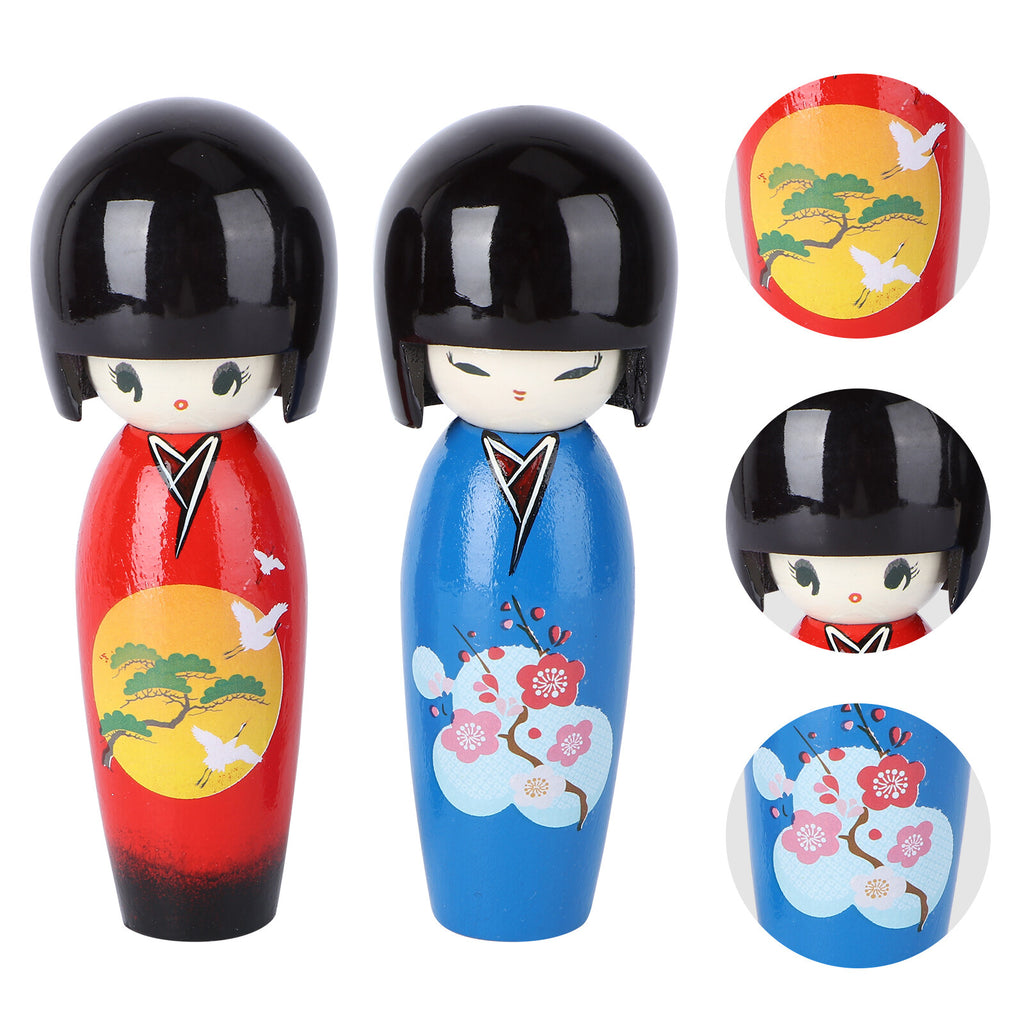 2Pcs Japanese Kimono Girl Dolls Wooden Toy Decor G24745