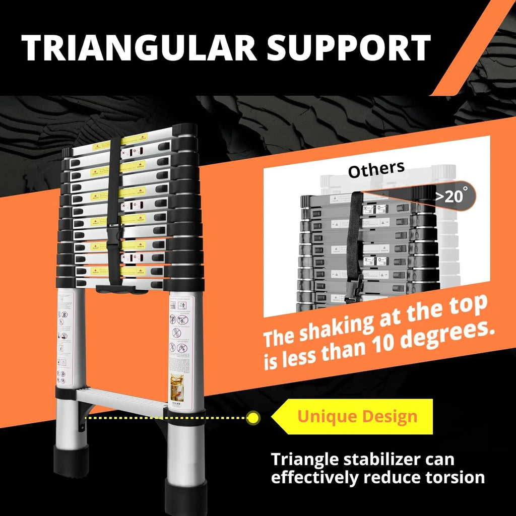 12.5FT Aluminum Telescoping Extension Ladder with Hooks & Stabilizers H3566