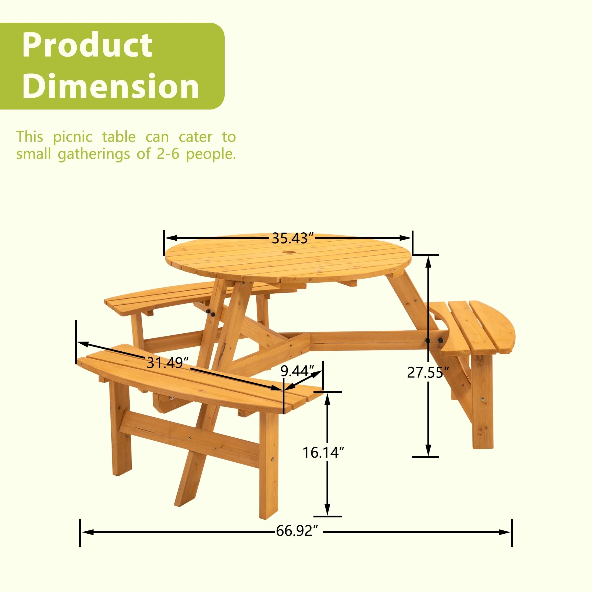 6-Person Outdoor Wooden Picnic Table with 3 Built-in Benches T4076