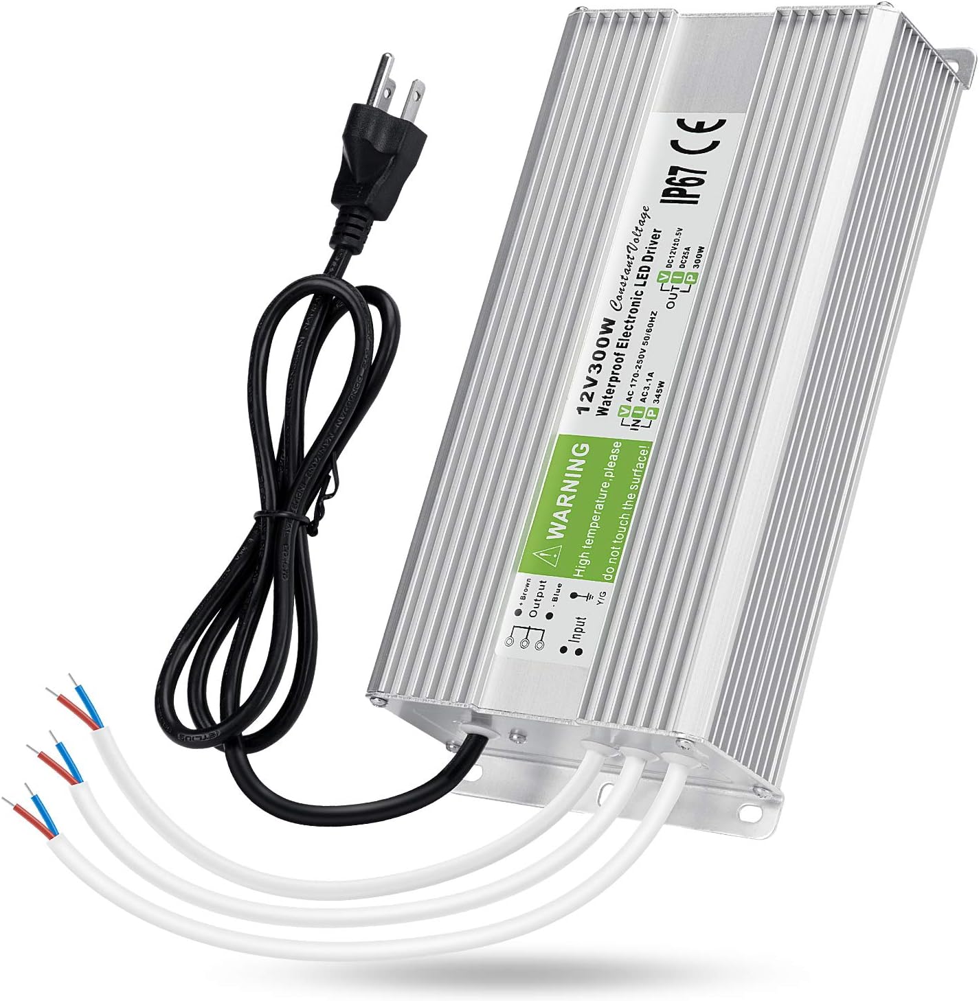 LEDMO IP67 Power Supply 300 Watts DC12V 25A AC/DC Driver Transformer Adapter Low Voltage Output with 3-Prong Plug 3.3 Feet Cable Pack of 2 R314253