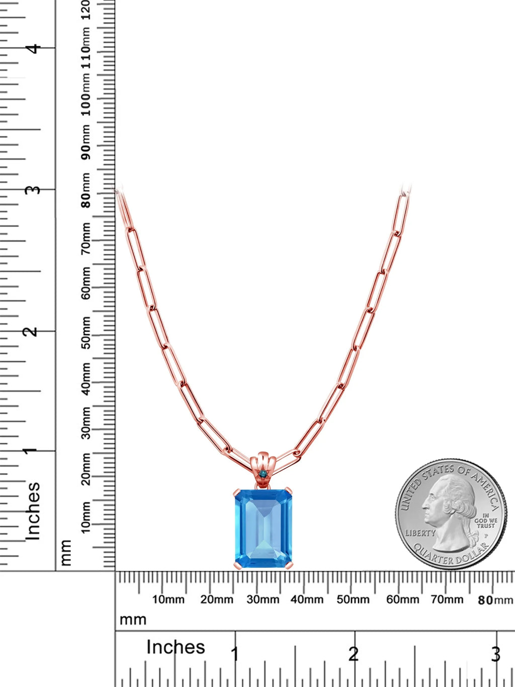 Swiss Blue Topaz Blue Diamond 18K Rose Gold Plated Silver Pendant with Paperclip Link Chain 18 inch with 2 inch Extender C8876