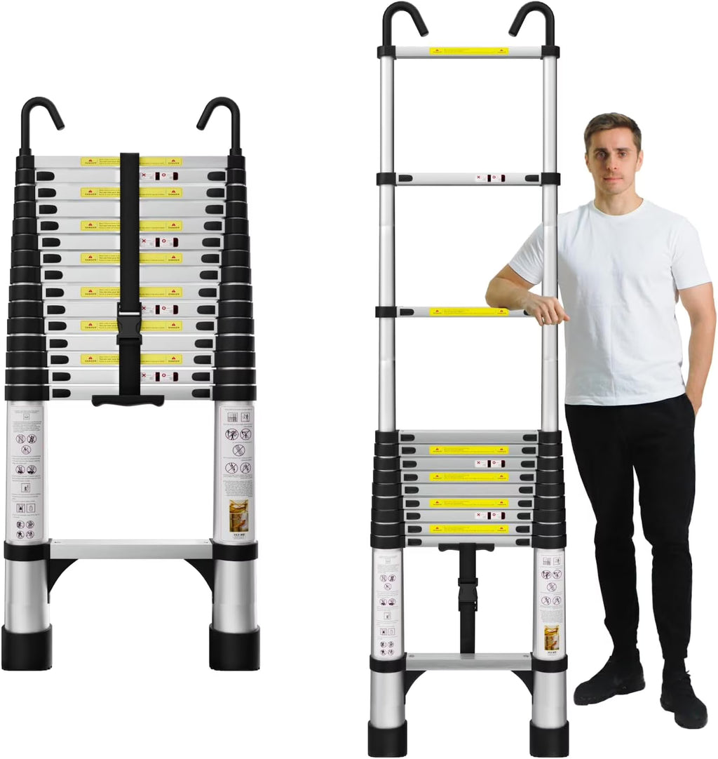 12.5FT Aluminum Telescoping Extension Ladder with Hooks & Stabilizers H3566