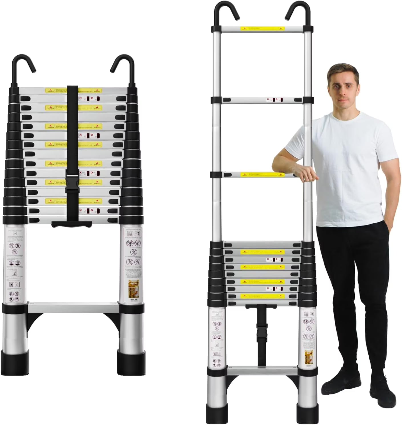 12.5FT Aluminum Telescoping Extension Ladder with Hooks & Stabilizers H3566