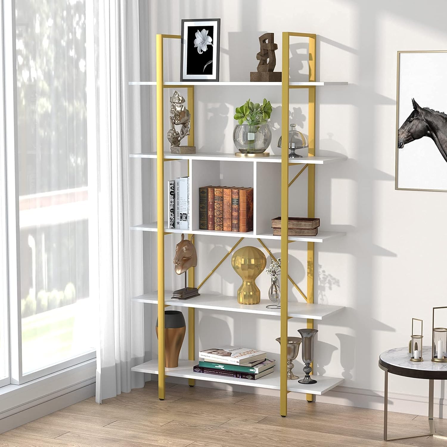 Gold Industrial 5 Shelf Bookcase with Metal Frame K9812