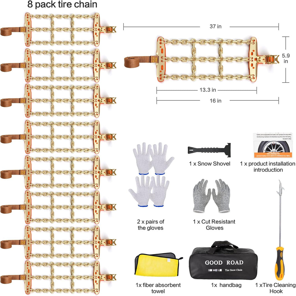 AutoChoice Car Snow Chains Emergency Anti Slip Tire Chains with Thickened Manganese Steel for Truck SUV in Snow, Ice, Sand and Mud(8 Packs, Tire Width 195-235mm) Pack of 2 J668