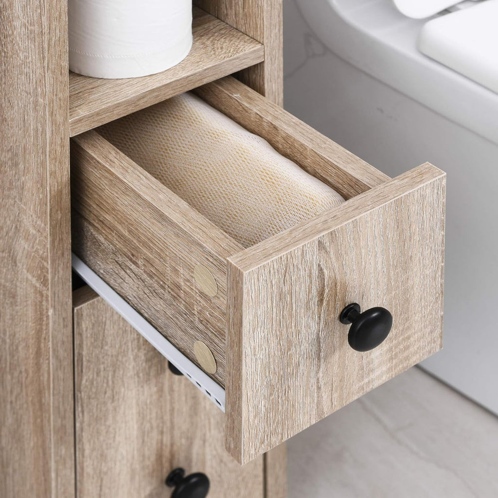 Oak Grain Freestanding Bathroom Cabinet with 2 Open Cabinets, 1 Door Cabinet, 1 Drawer and 4 Rolling Wheels W9087