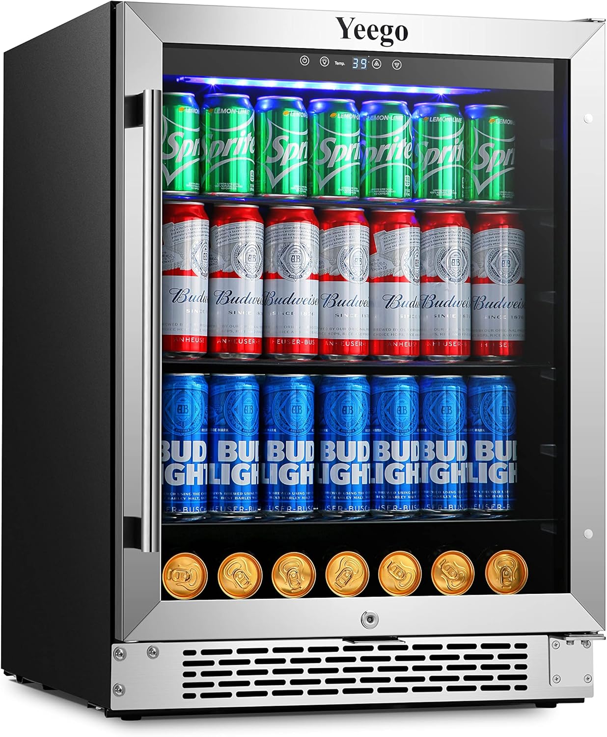 24'' 140 can Stainless Steel Beverage Refrigerator with Reversible Double-Layer Tempered Glass Door J436374