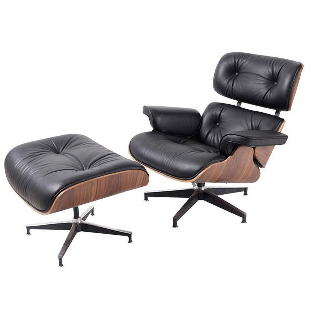 Black Tufted Leather Swivel Lounge Chair with Ottoman A788