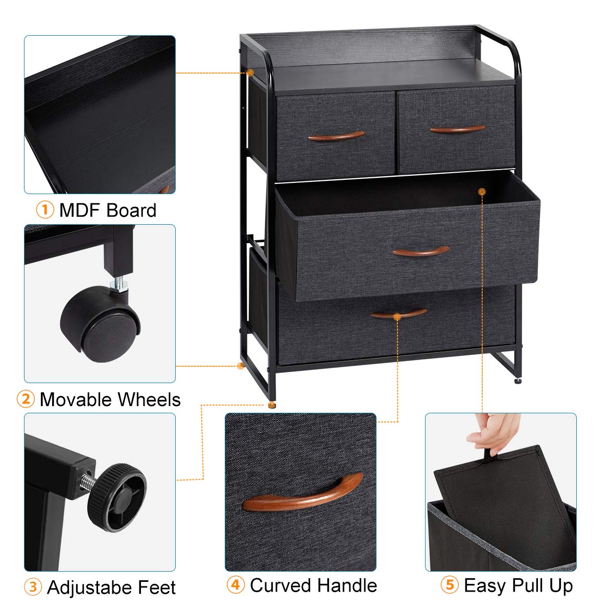 Grey 9 Drawer Fabric Dresser with Steel Frame and Wooden Top Y153